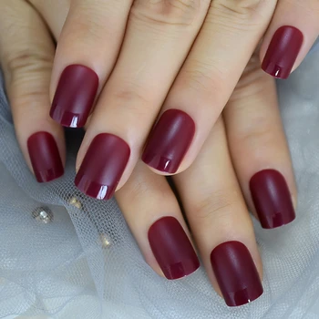 

Natural Faux Ongles Dark Maroon Red Gorgeous French Tip Glossy Top Square Medium Size Tips for Daily
