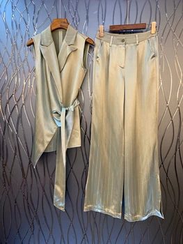 

2020 Spring and Summer New Women's Lapel Collar Side Tie Knot Sleeveless Silk Blouse Trousers in 417