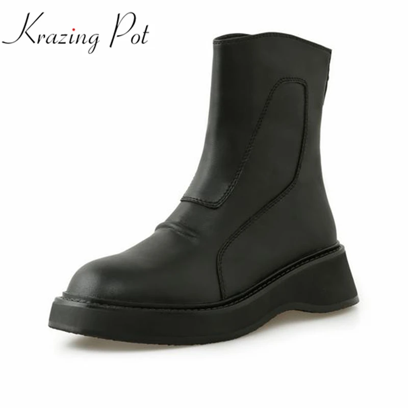 

Krazing Pot Cow Leather Round Toe Zipper European Basic Black Color Platform Med Heels Winter Gorgeous Sewing Ankle Boots Ins