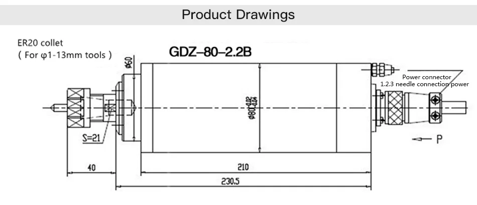 CNC водяного охлаждения шпинделя GDZ-80-2.2B 2.2kw 380V 8A ER20 Dia.80mm