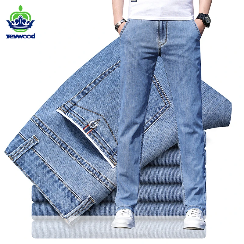 vaqueros elásticos para hombre, pantalón informal de algodón, color azul claro, estilo clásico, para negocios, 38, vaqueros| - AliExpress
