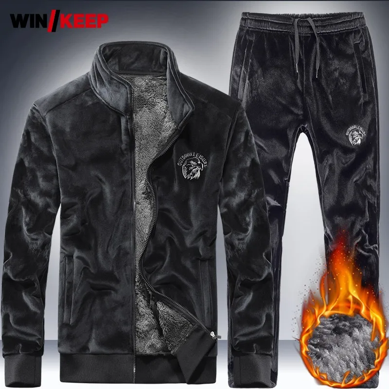 

Winter Mens Velvet Fleece Two Piece Outdoor Running Set Thick Stand Collar Sweatshirt Sport Suit Man Jogging Fitness Tracksuit