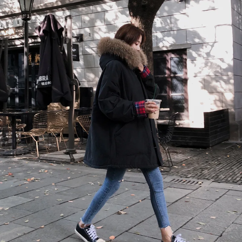 

2019 Korean-style Winter New Style Loose-Fit BF Waist Hugging Cotton Coat Women's Mid-length Cotton-padded Jacket Large Fur Coll
