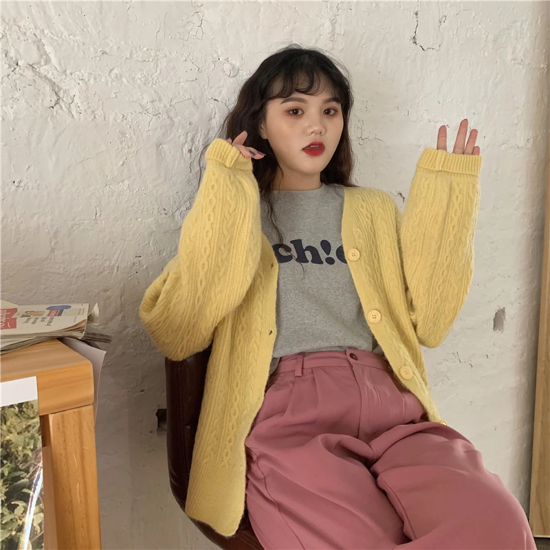 Женская одежда ulzzang кардиган пальто шикарный длинный рукав v-образный вырез корейский стиль свободные вязаные свитеры женские осенние новые модные популярные
