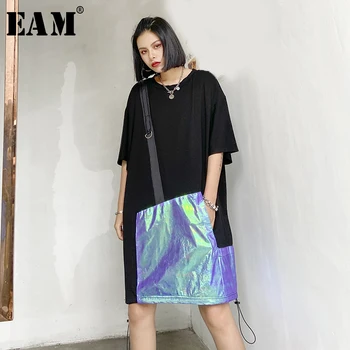 

[EAM] Women Black Drawstring Split Joint Big Size Dress New Round Neck Half Sleeve Loose Fit Fashion Spring Summer 2020 1T833