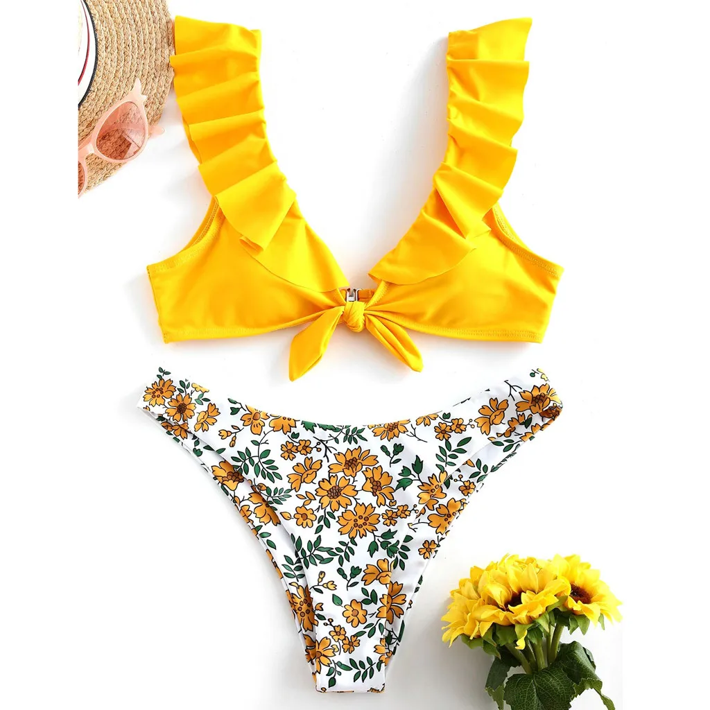 Ladies Femme Bikinis Women S Summer Sexy Floral Print Ruffle High Cut Bikini Set Two Piece