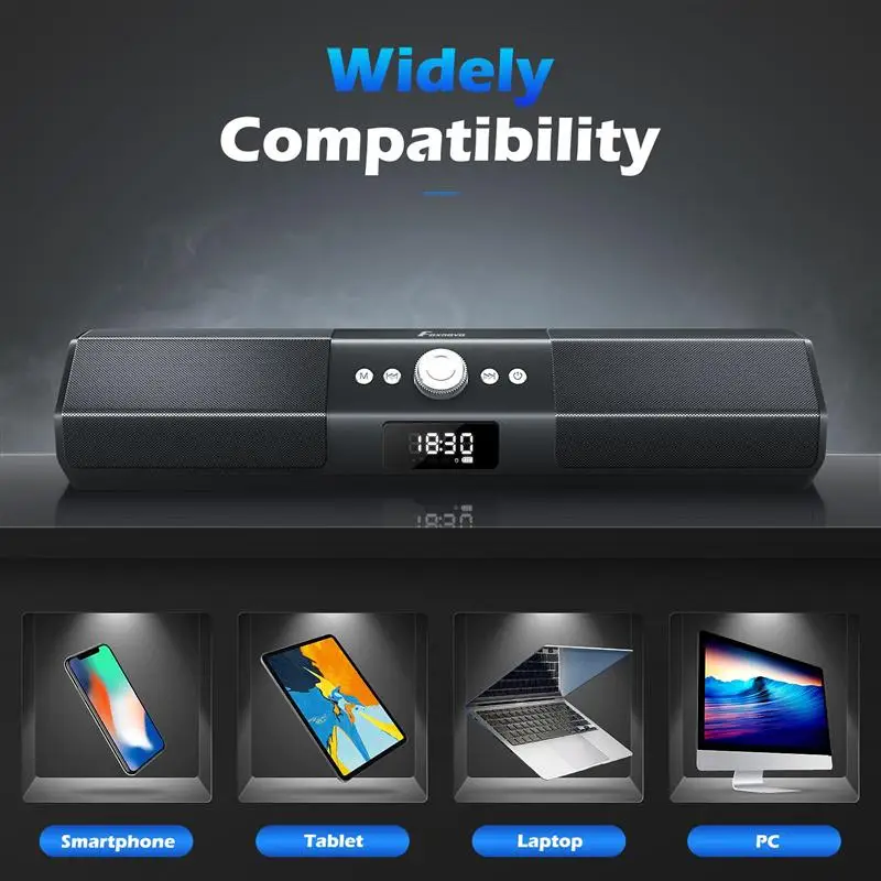 

20W Sound Bar Smart Soundbar for TV Wireless 5.0 Audio Speaker with AUX Wireless and Clock Modes for Gaming Computer Projector