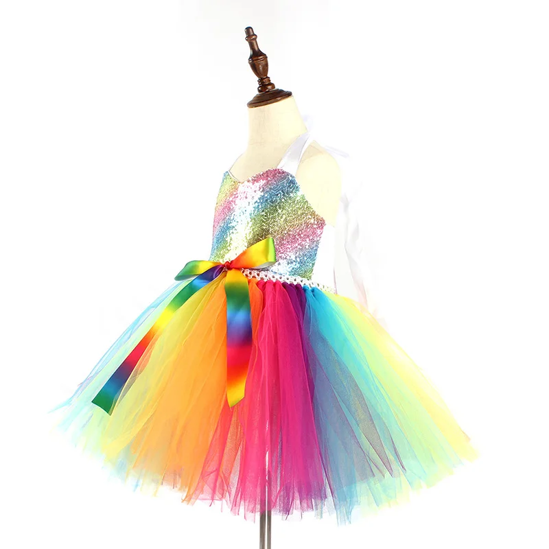 Rainbow Sequins Girl Princess Tutu Dress Kids Wedding Birthday Party Pageant Tulle Dresses Vestidos Children Bow Clothing (16)