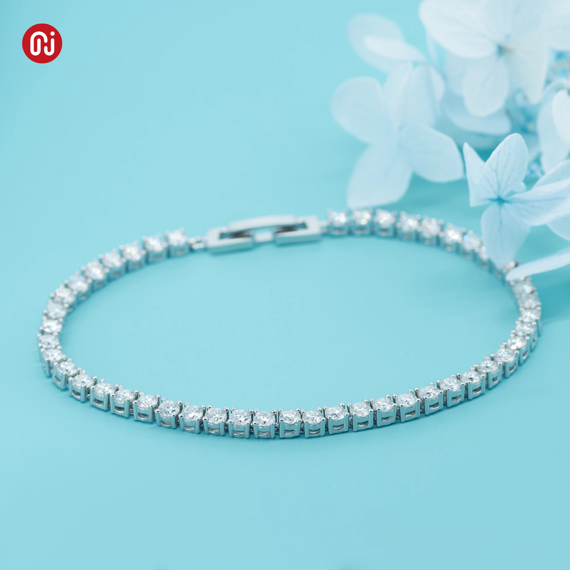 GIGAJEWE 화이트 골드 도금  모이사나이트 테니스 팔찌, 여자 친구 선물, D 컬러 라운드 컷, 4.3ct 3.0mm X 43Pcs