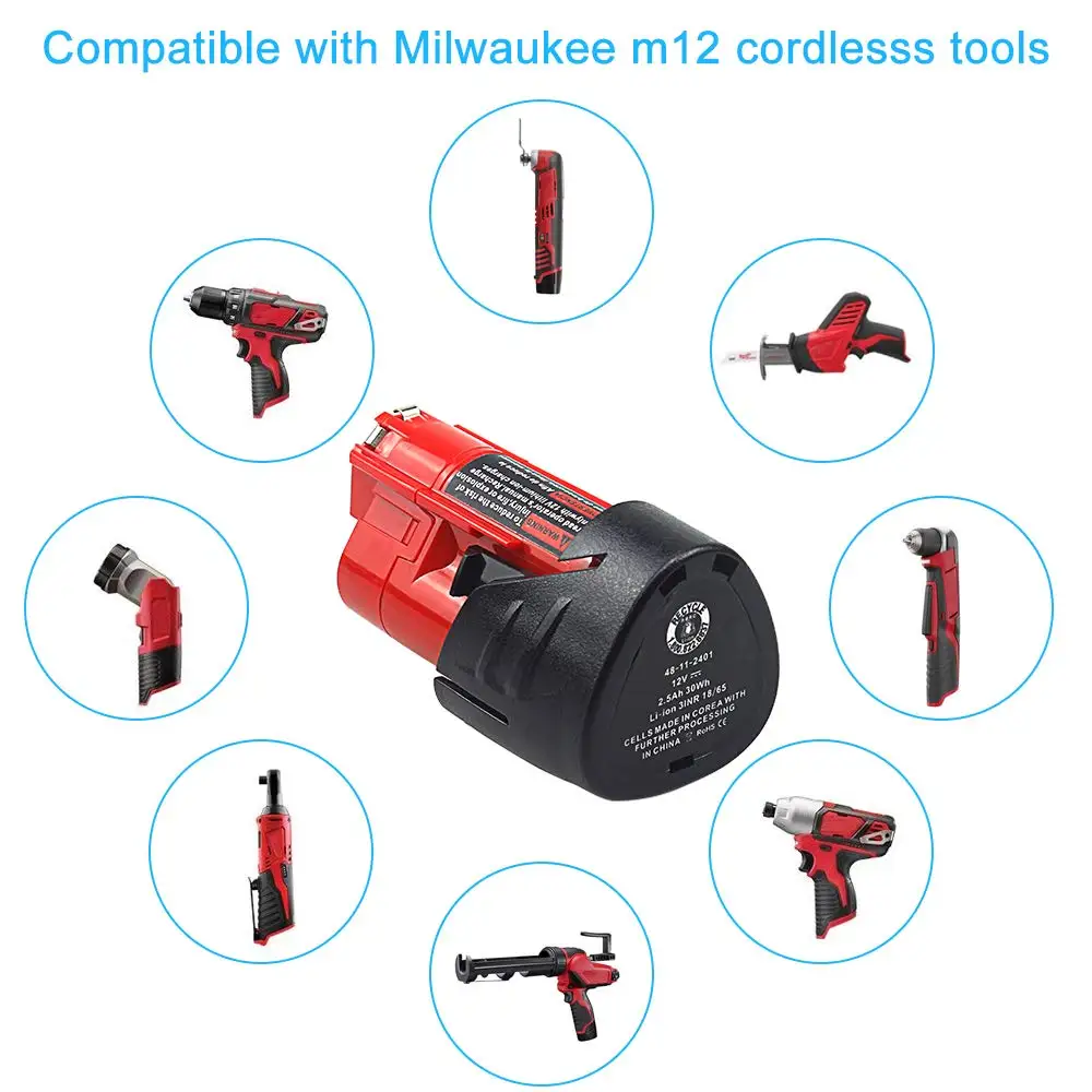 Waitley 12V 2.500Ah аккумуляторная батарея 2.5Ah для Milwaukee M12 XC беспроводные инструменты 2500mAh 12 v батареи 48-11-2401 MIL-12A-LI