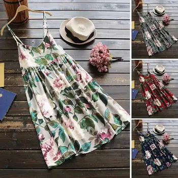

Summer Sweet Women Flower Print Cotton Linen V Neck Spaghetti Strap Mini Dress