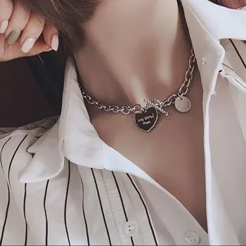 

2020 Punk Metal Heart Clavicle Chain Necklace Female Geometric Buckle Thick Chain Rock Hip Hop Silver Color Choker Necklace Gift
