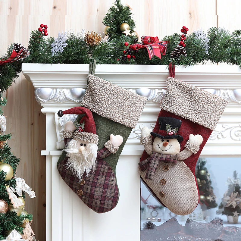 Рождественские украшения с пушистыми краями Снеговик Санта носки в клетку Висячие Рождественский подарок сумки