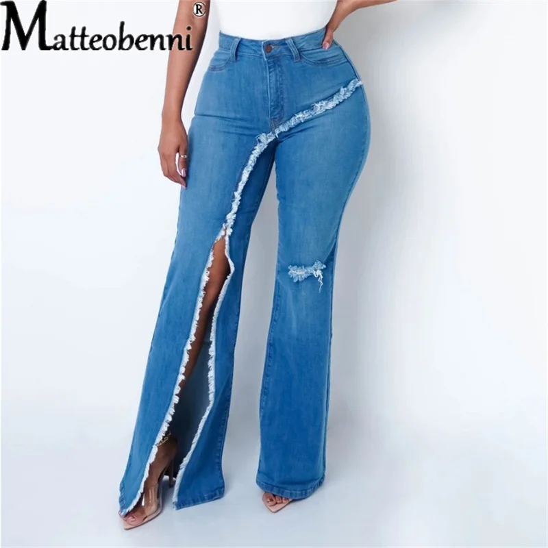 

Blue Sexy Hole Jeans Women Stretch Split Wide Leg Denim Flare Long Pants 2021 Spring Autumn New High Street Ladies Fashion Jeans