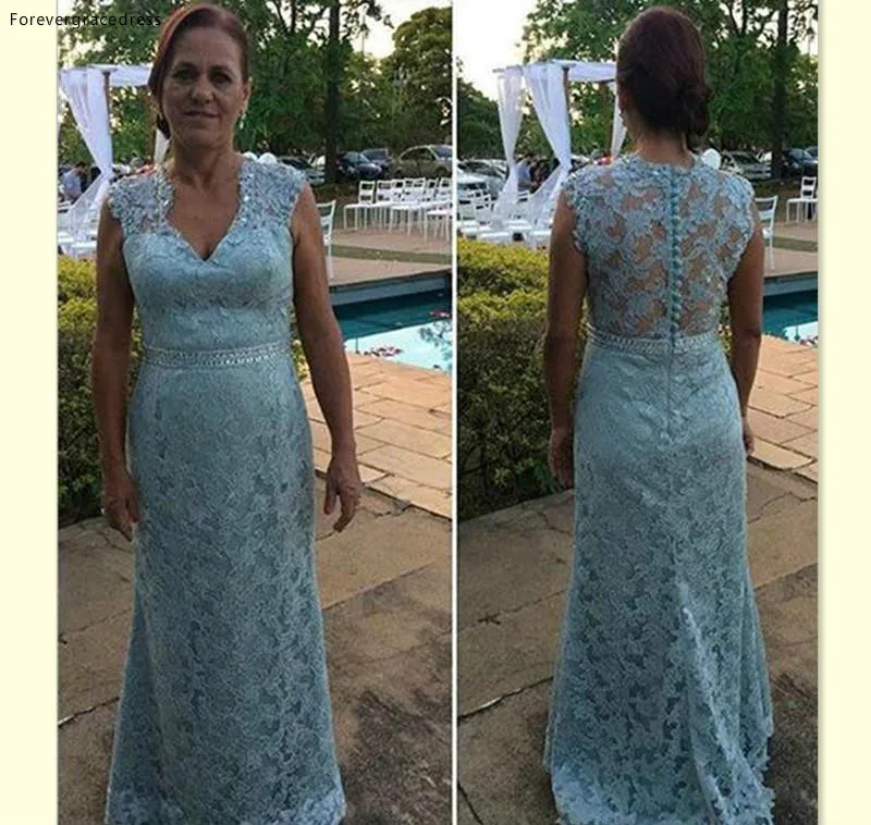 2017 Light Sky Blue Lace Mother Of The Bride Dresses Sheath Long Floor Length Formal V-neck Illusion Back Evening Party Gowns For Women  149 (2)