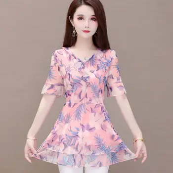 

Broken Flower Chiffon Blouse women 2020 new summer cover belly waist short sleeve top skirt skirt lady tugui lady mother's dress