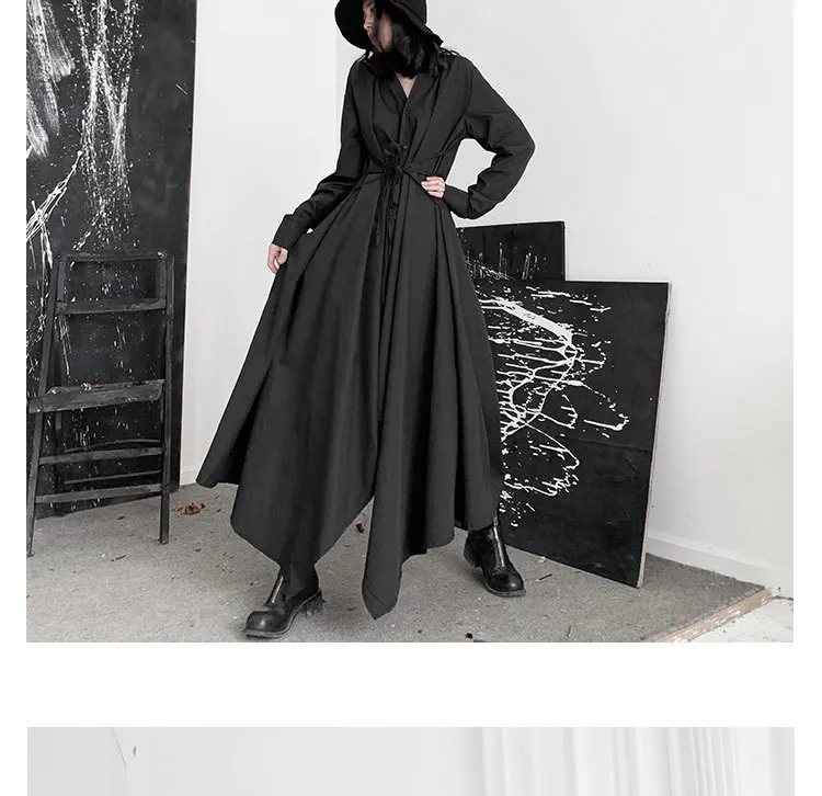 SHENGPALAE Весна Новая мода отложной воротник Длинные Рукава Vestidos черное необычное женское свободное платье Tide 5D282