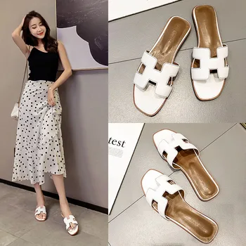 

Luxury Designer Slippers Women Shoes Square Toe Womens Slippers PU Leather Ladies Summer Slides Flats H Sandals Plus Size