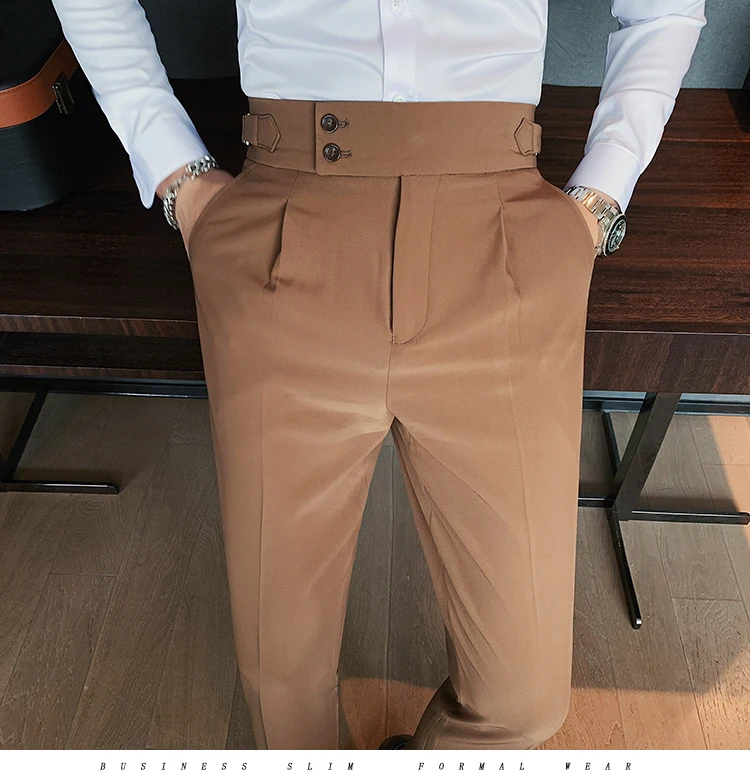 British Style Autumn New Solid High Waist Trousers Men Formal Pants 2022 High Quality Slim Fit Business Casual Suit Pants Hommes casual blazer