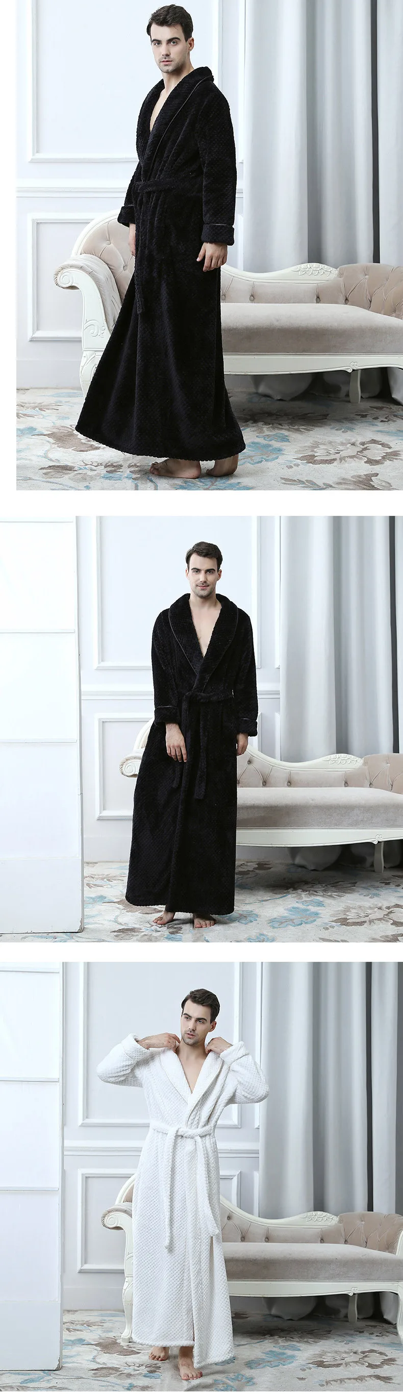 Банный халат-кимоно с длинным рукавом, мужской теплый халат с длинным рукавом, Зимний серый халат, удлиненный фланелевый Халат, Размеры M, L, XL