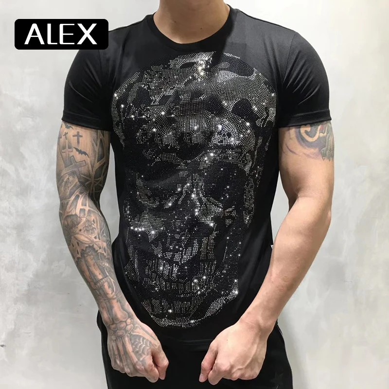 Tshirt-Maker Short-Sleeve Men Clothing Skull Crew-Neck Streetwear Rhinestones Funny Summer