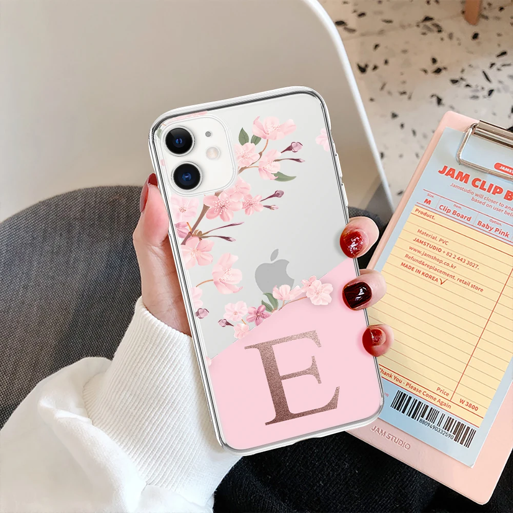 Pink Flowers Initial Letter A To Z Transparent Phone Case for iphone 11 
 13 Pro Max 12 Pro Max 7 8 Plus XS Max X XR Soft Cover best iphone 13 case