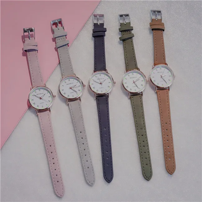 Вишневые розовые простые часы Reloj Mujer Круглые Женские часы из искусственной кожи аналоговые из сплава часы Relogio Feminino для девушек Подарок