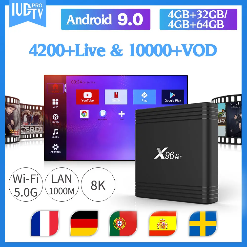 

X96 Air IPTV subscription IUDPRO IPTV France Sweden Portugal S905X3 BT 4.1 box Android IPTV Spain German Denmark French IP TV