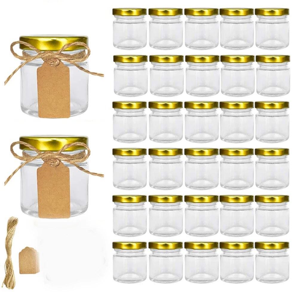 Glass Jars with Gold Lids, Mini Mason Jars for Gifts, Crafts, Wedding, Spice, Extra Chalkboard Labels, Tags String