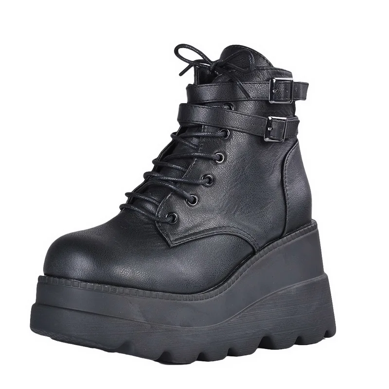 Зимние модные ботинки на высокой платформе кожаные ботильоны танкетке для