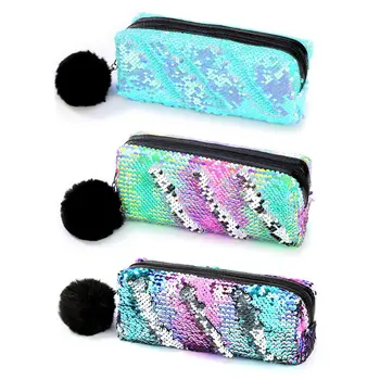 

Kawaii Plush Ball Reversible Sequin Large Pencil Case Makeup Box Bag School Supplies Stationery Student Gift