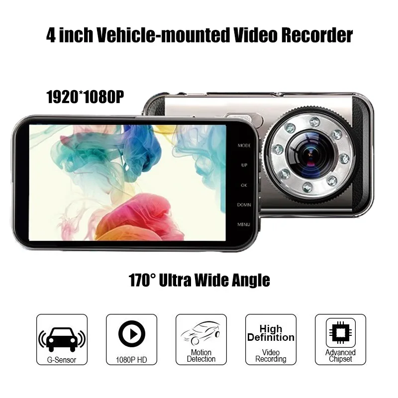 4 0-дюймовый HD 1080 P встроенный в транспортное средство DVR Двойной объектив 8-лампа