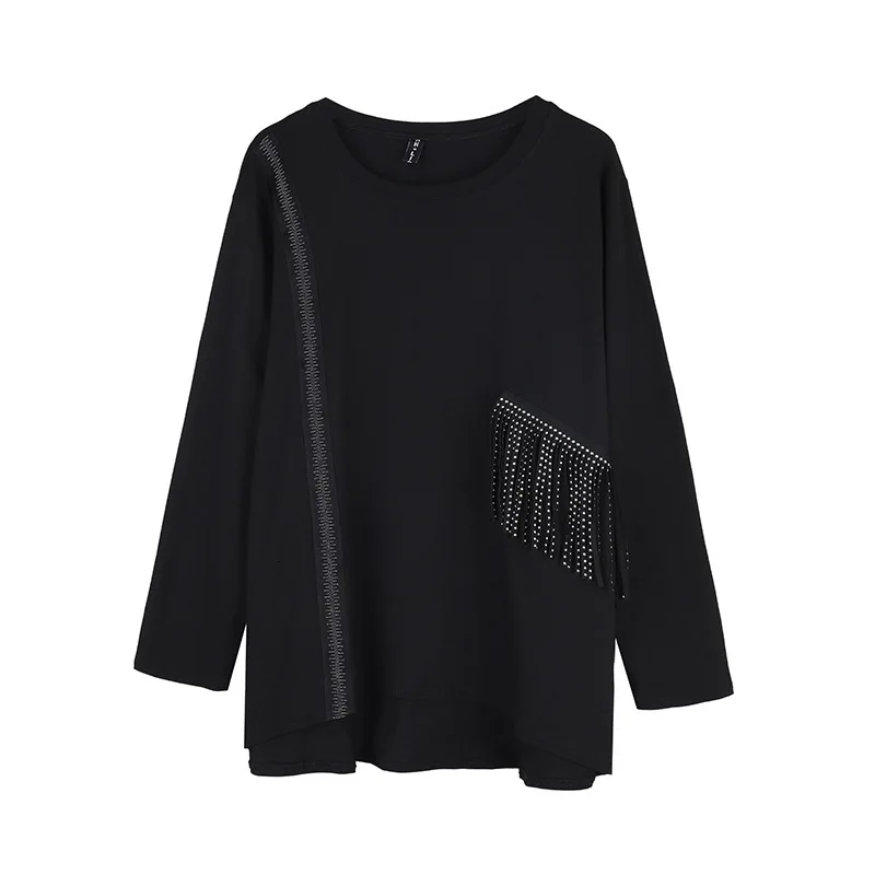 [EAM] Женская Черная Асимметричная свободная футболка с кисточками и разрезом, новая модная футболка с круглым вырезом и длинным рукавом, весна-осень, 1D727 - Цвет: black