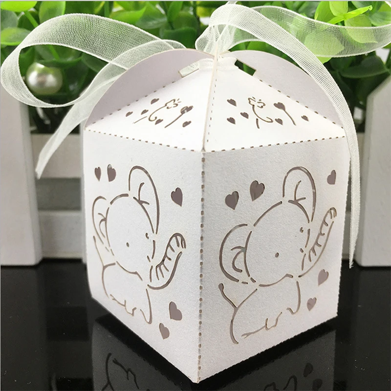 

10pcs Elephant Laser Cut Hollow Carriage Favors Box Gifts Candy Boxes With Ribbon Baby Shower Wedding Event Party Supplies