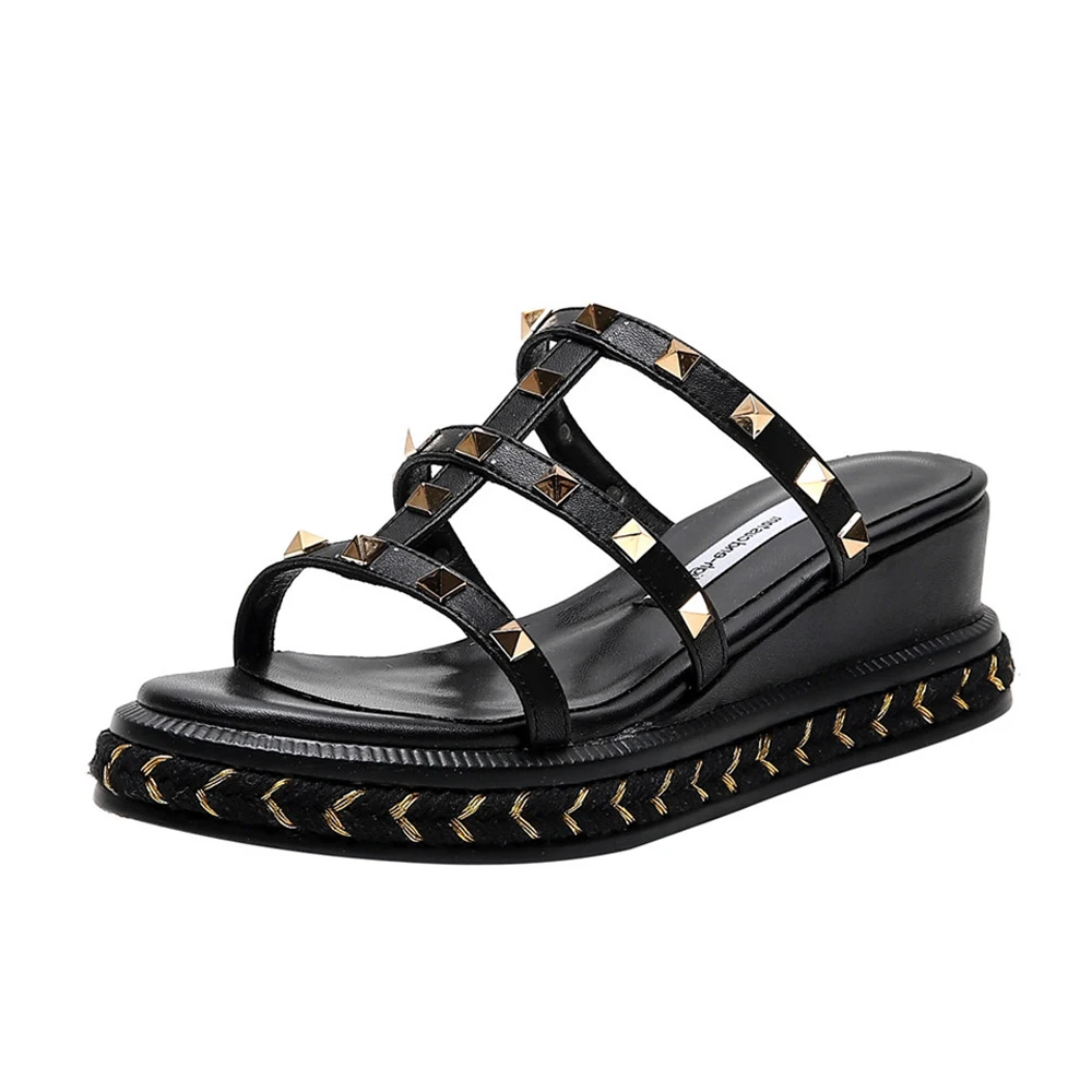 Women Slippers Summer Shoes High Heel Genuine leather Platform Bohemia Rivet Wedges Leisure Comfortable Flat Platform Shoes