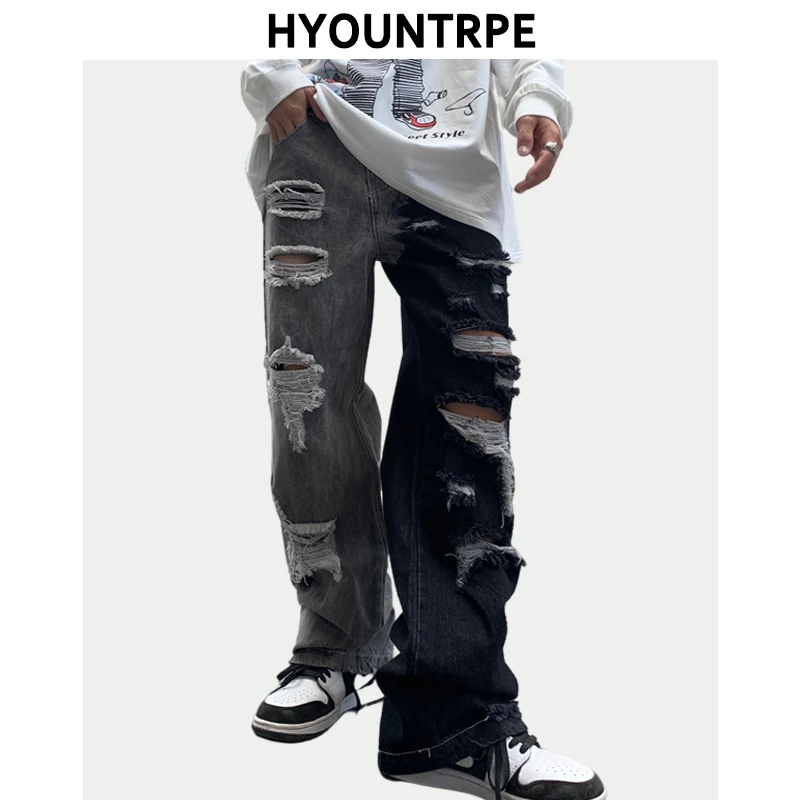 Pantalones de Hip Hop para ropa de calle, desgastados, irregulares, con agujeros rasgados, informales, con cremallera|Pantalones vaqueros| - AliExpress