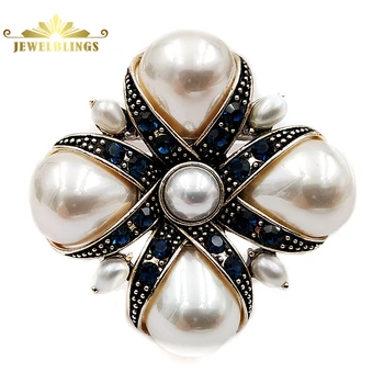 

Royal Vintage Blue Crystal Ribbon & Imitated Pear Shaped Pearl Cross Brooches Pins Classic Religious Jewelry for Women Outfit