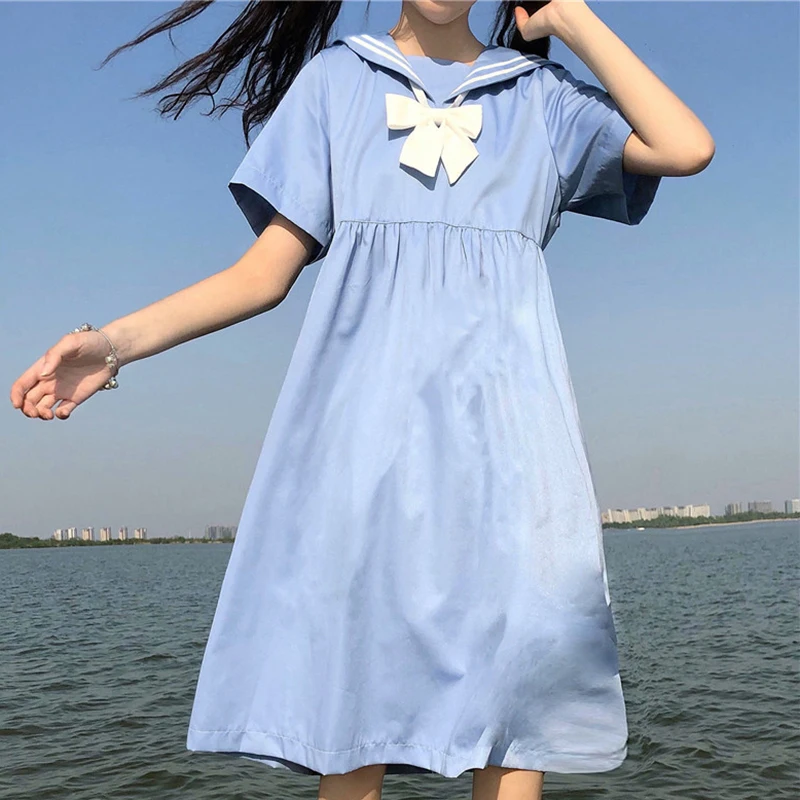 

japanese fashion Bow Navy Style Loose Long Sleeved Dress Children Summer JK Sailor school girl uniform estudiantes