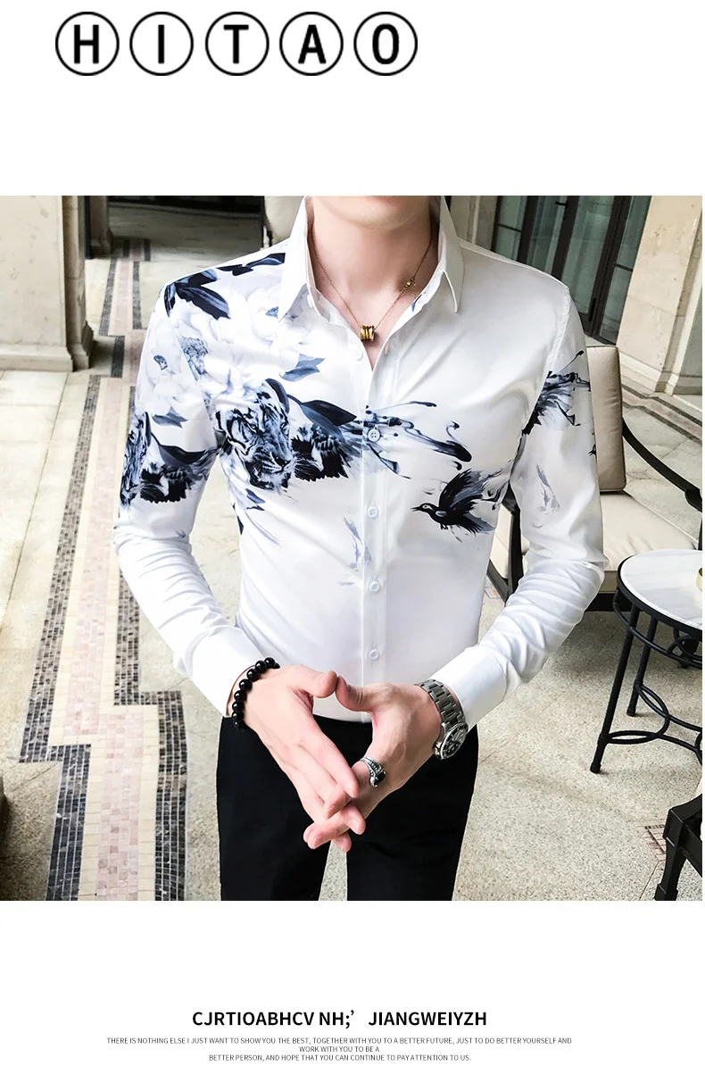Качественная белая мужская рубашка с цветочным принтом Осенняя Новая праздничная одежда мужская рубашка с длинным рукавом с цифровым принтом повседневная мужская одежда смокинг