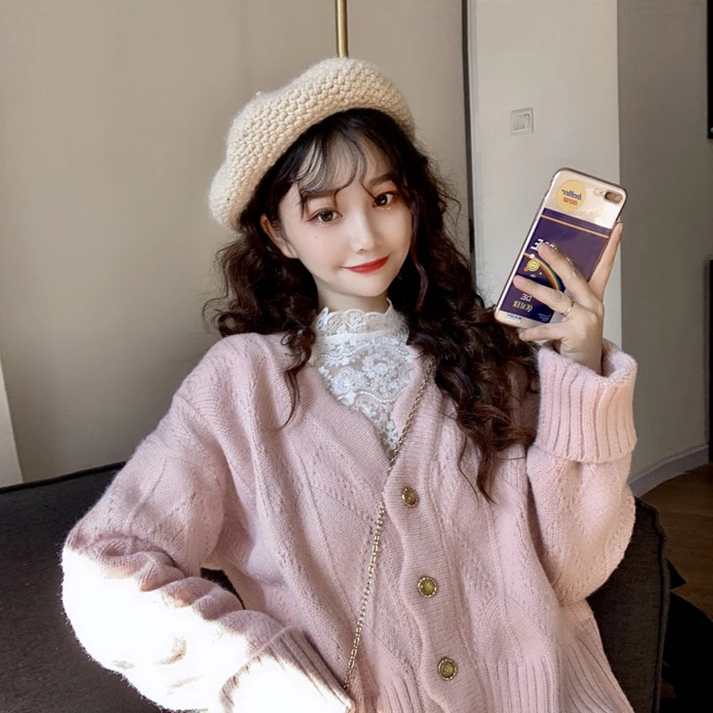 

Temperament V Collar Waves Soft Wind Knitwear Women Autumn 2020 New Korean Sweater Cardigan Jacket