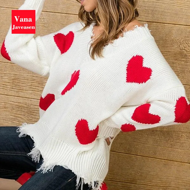 Vana Javeasen V-neck Autumn Sweater For Women Tassel Knitted Sweater Women Female Tops Long Sleeve Pullover Heart Sweaters 2019