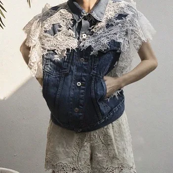 

Fashionable Women Vest Embroidery Female Denim Vest Punk Lace Patchwork Personality Women's Sleeveless Garment Chaleco de mujer