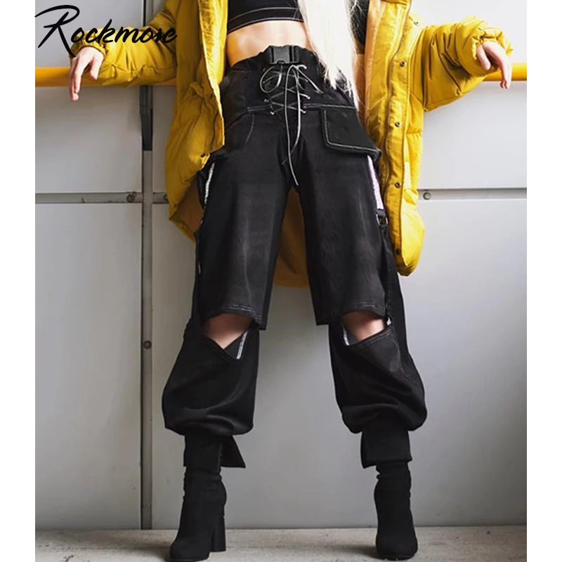 

Rockmore Punk Reflective Ribbon Holes Cargo Pants Women Gothic Streetwear High Waist Trousers Hollow Out Pants Femme Fall Winter
