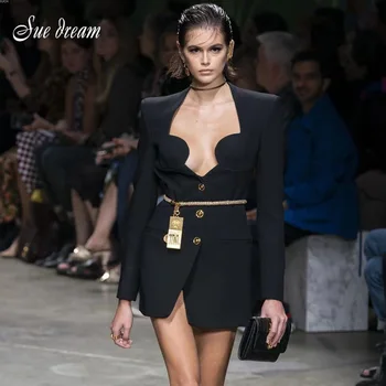 

2020 Summer New Women'S Sexy Black Bandag Dress Elegant Long-Sleeved V-Neck Button Mini Dress Bodycon Celebrity Party Chic Dress