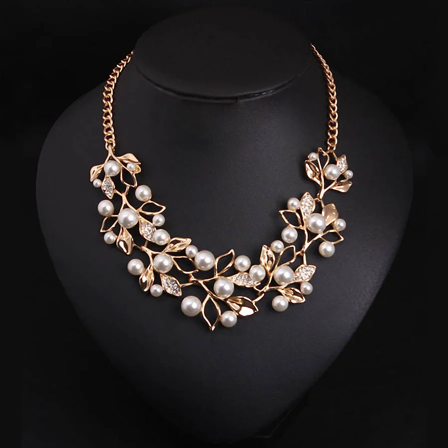 Silver Pearl Leaf Necklace Choker Chunky Statement Bib Pendant Chain Necklace