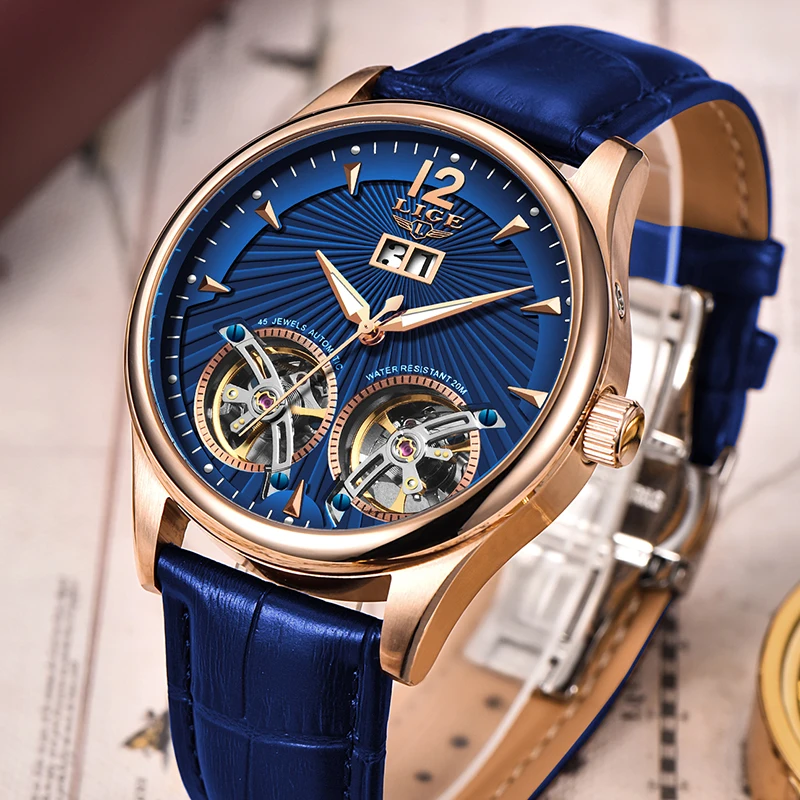 Часы Relojes Hombre LIGE мужские автоматические механические спортивные кожаные