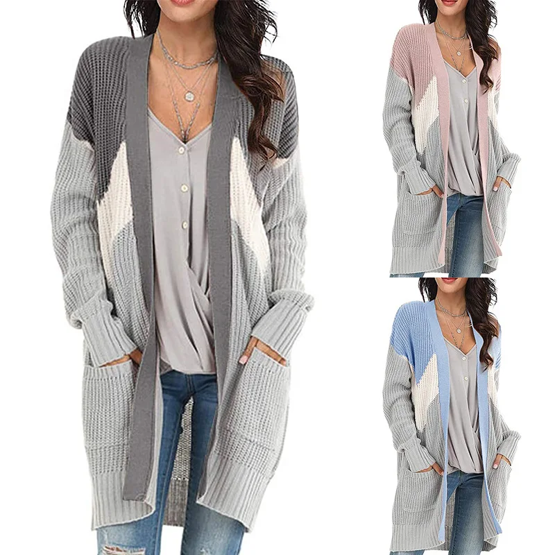 

2020 Autumn Winter Women's Knitted Cardigan V-Neck Geometric Patchwork Sweater Casual Loose Long Sleeve Contrast Thick Coats