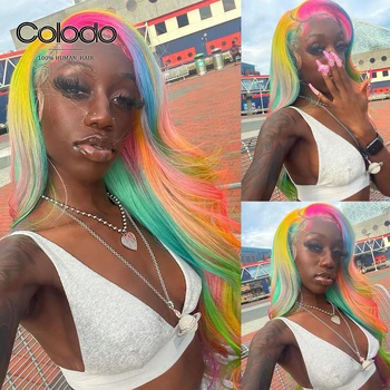 Pink Roots Yellow Green Rainbow Human Hair Wigs with Baby Hair Pre Plucked Lace Front Human