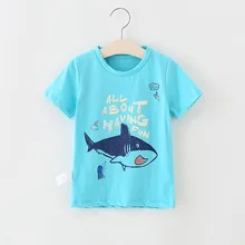 Летняя новая стильная синяя хлопковая Футболка с принтом акулы для мальчиков Детская универсальная футболка с короткими рукавами