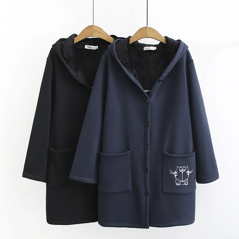 Blvyisla 3XL размера плюс один Breated плюс флис толстый теплый длинный Кот Вышивка с капюшоном Топ для женщин Harajuku толстовки